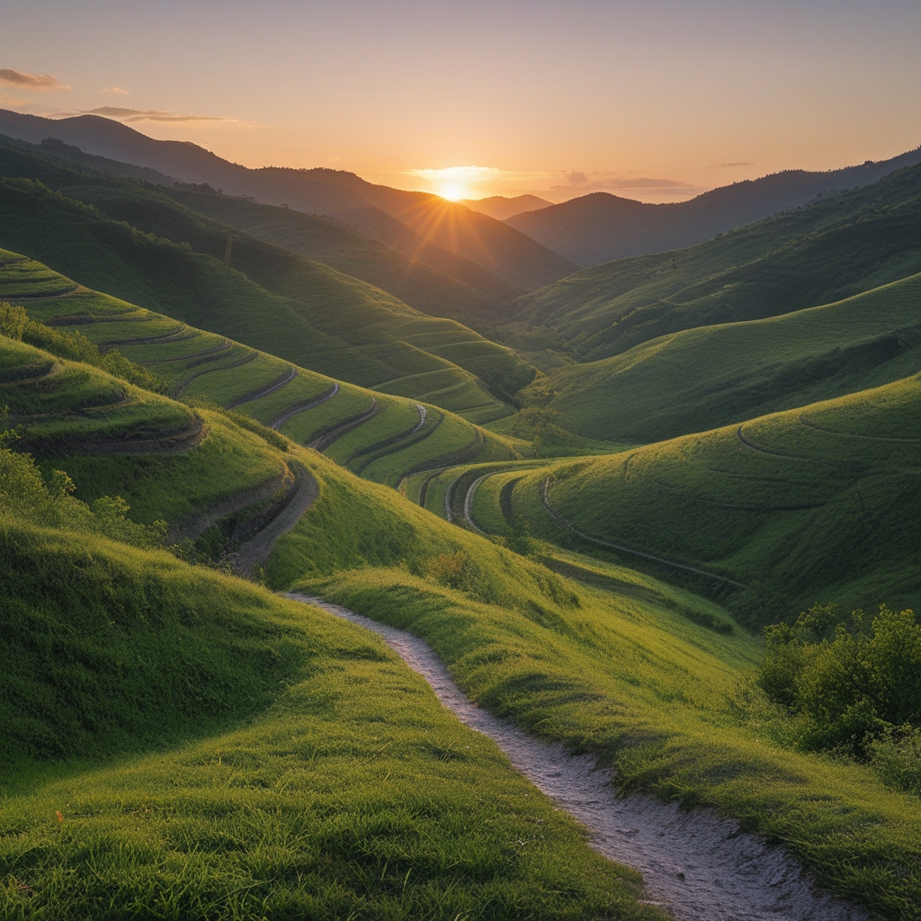 Collines verdoyantes avec sentier sinueux au coucher du soleil, paysage serein évoquant la marche en pleine nature et la connexion au mouvement dans l'espace naturel