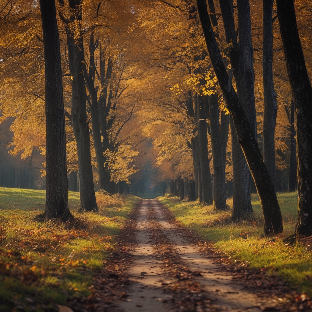 Chemin forestier en automne avec feuilles dorées au sol, perspective fuyante entre les arbres, lumière tamisée créant une ambiance de promenade contemplative