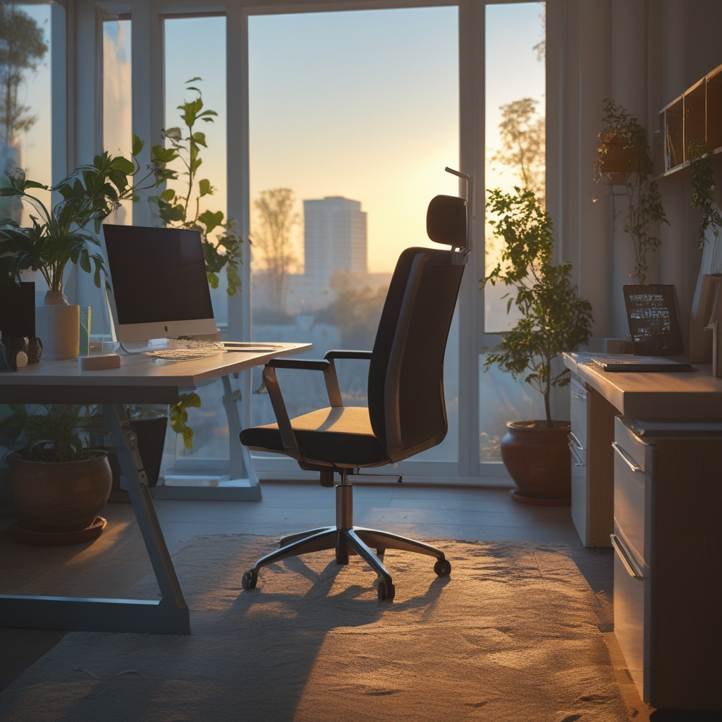 Bureau de travail épuré avec chaise ergonomique, lumière naturelle depuis une fenêtre latérale, plantes vertes, atmosphère de concentration et de soin pour l'espace de travail