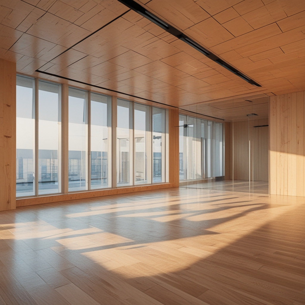 Studio de mouvement vide avec sol en bois clair, grandes fenêtres laissant entrer la lumière naturelle du matin, espace serein propice à la pratique physique